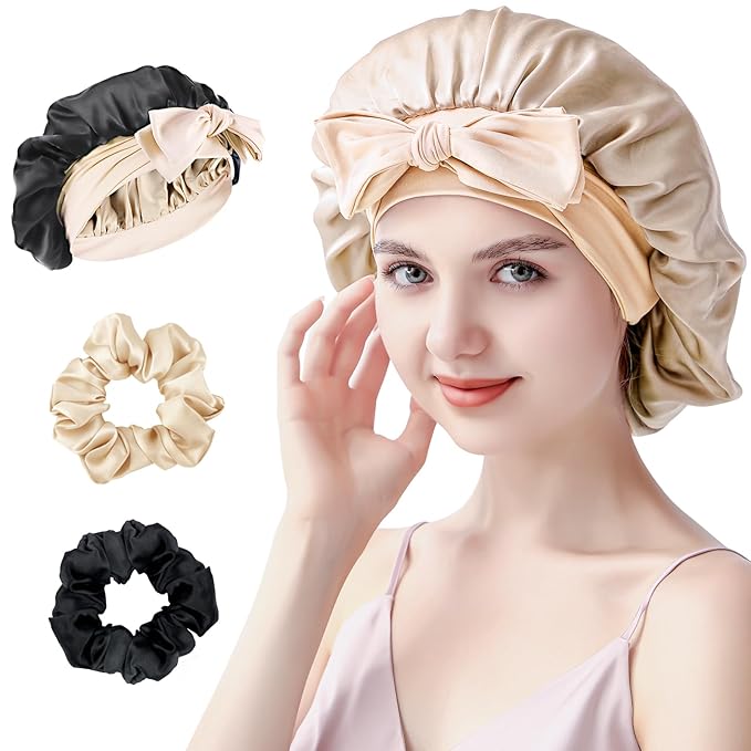Silk Bonnet for Sleeping Women, 22 Momme 100% Mulberry Silk Sleep Cap with 2 Matching Silk Scrunchies, Double-Sided Wearable Hair Bonnet for Night Hair Care and All Hair Types - Light Gold