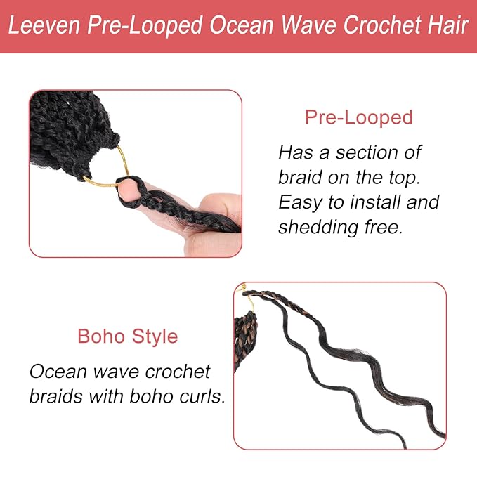 Leeven Pre Looped Ocean Wave Crochet Hair 18 Inch 8 Packs Long Curly Crochet Braids Black Mix Brown Boho Ocean Braids Pre Twisted Synthetic Deep Wavy Crochet Hair for Women