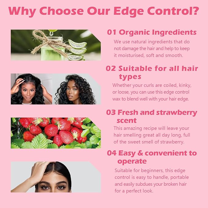 Goiple Edge Control Wax for Women Strong Hold Non-greasy Edge Smoother Strawberry Scent Edge Control Wax + Edge Scarf + Hair Bonnet, Pink