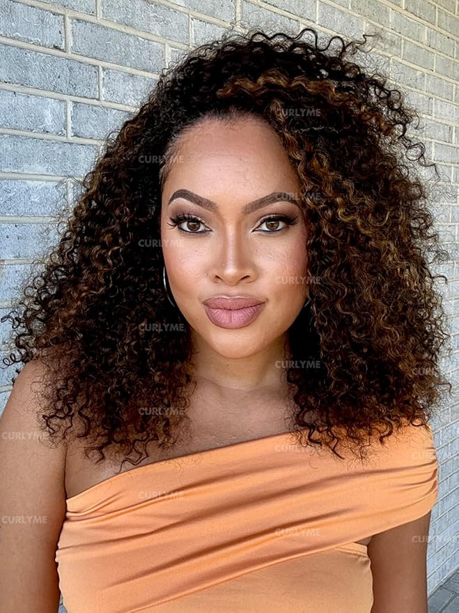 Curlyme Ombre Kinky Curly Half Wig Human Hair Wear Go Glueless Install Flexible Fit Highlight 2/30 Color 3 In 1 Half Wig With Adjustable String Flip Over Beginner Friendly Invisible Hairline 22 Inch