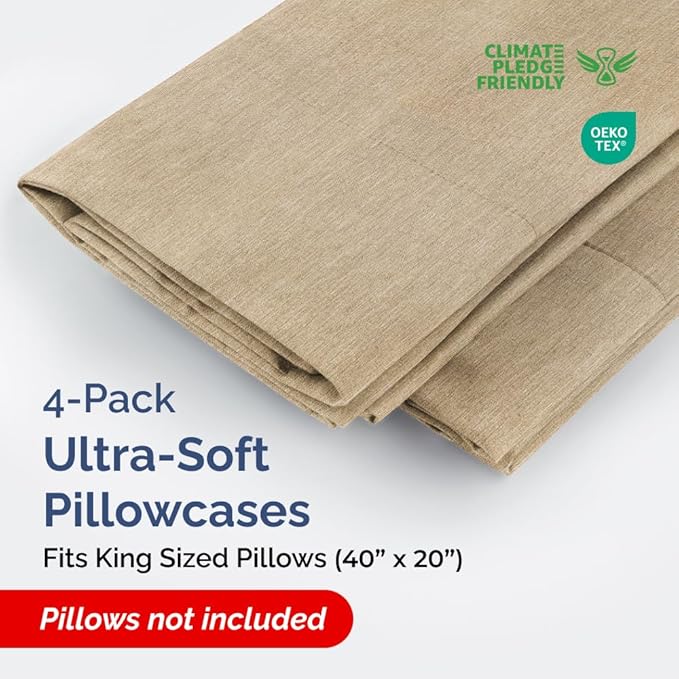 King Pillow Cases Set of 4 - Ultra Soft Hotel Quality Pillowcase Covers - Comfy, Cozy & Wrinkle Free - Shrinkage and Fade Resistant - Machine Washable Pillow Protectors - 4 Piece Set - Heathered Tan