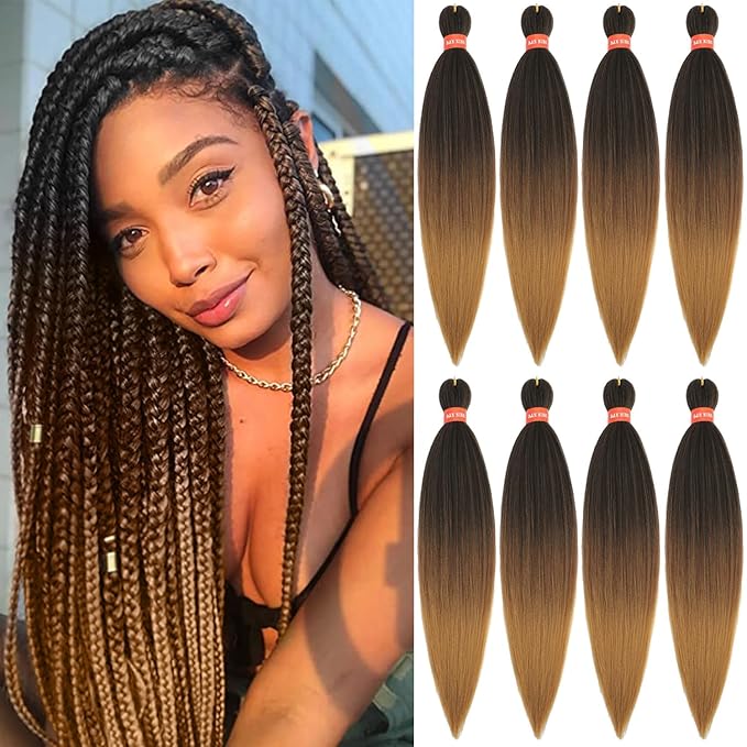 Ombre Pre-stretched Braiding Hair, Top Silky Braid Hair Extensions, Itch Free Crochet Twist Hair Braids, Yaki Texture Original Braiding Hair Pre Stretched, 0.21 pound/bundle (24''-8 bundles, 1b/30/27)