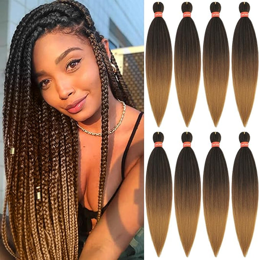 Ombre Pre-stretched Braiding Hair, Top Silky Braid Hair Extensions, Itch Free Crochet Twist Hair Braids, Yaki Texture Original Braiding Hair Pre Stretched, 0.21 pound/bundle (24''-8 bundles, 1b/30/27)