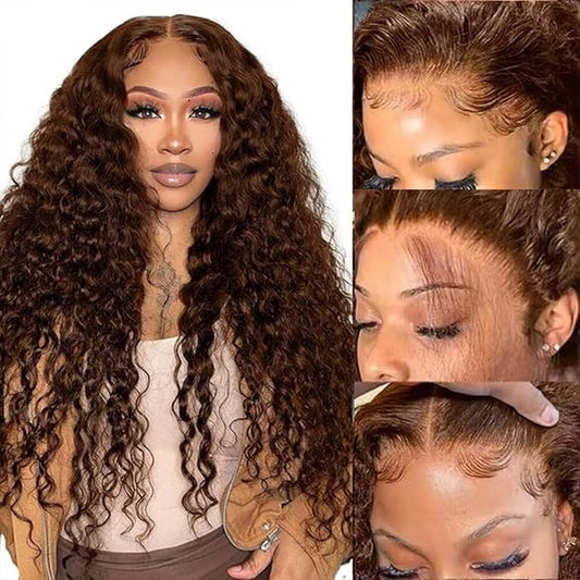 SENSAIRUITE Long-size 28 Inches Chocolate Brown Deep Wave Lace Front Wigs Human Hair 13x4 Wide Lace 180 Density Curly Human Hair Wigs #4 Frontal Wigs Human Hair Pre Plucked