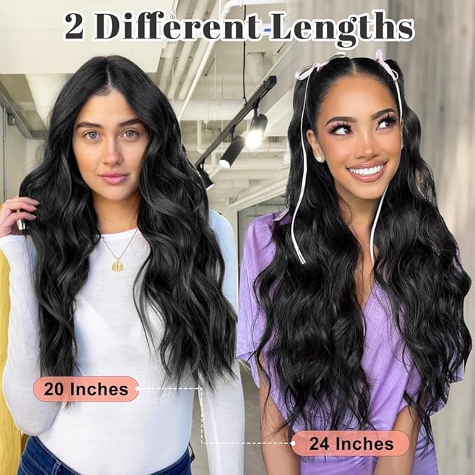ALXNAN Clip in Long Wavy Synthetic Hair Extension 16 Inch Black 4PCS Thick Hairpieces Fiber Double Weft Hair for Women