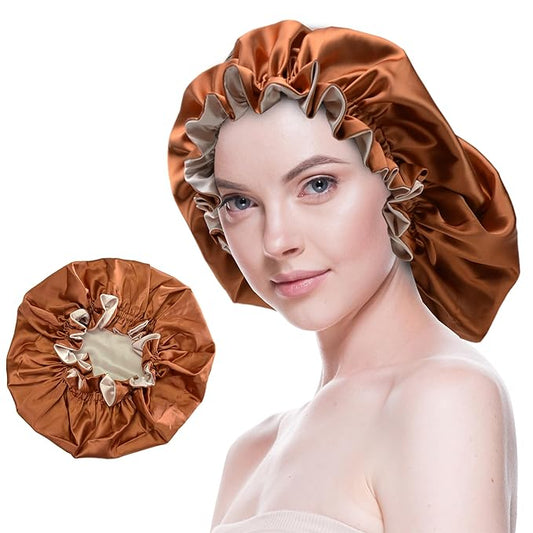 Silk Bonnet for Sleeping Satin Bonnets Double Layer Reversible Hair Cap Bonnet for Women Long Curly Braid Hair (Copper)