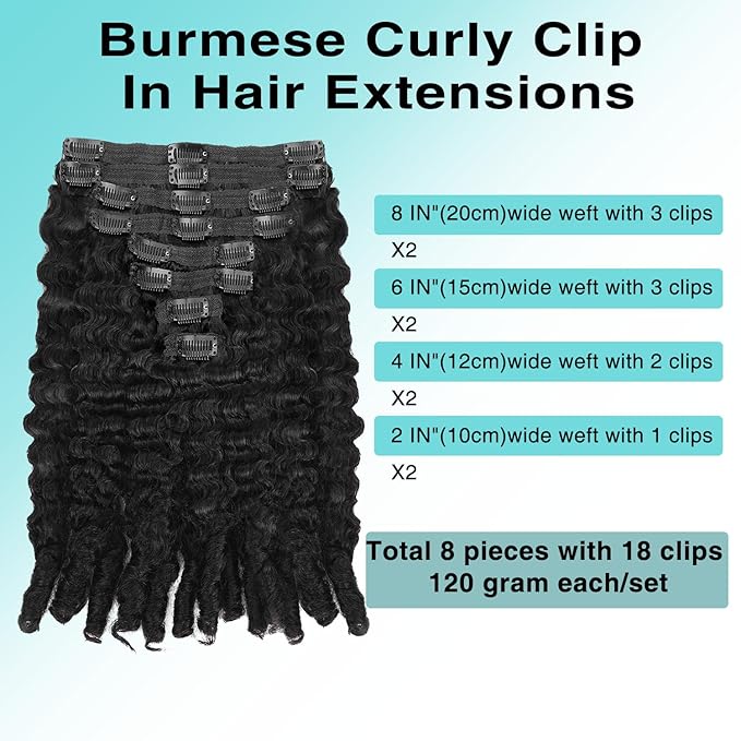 Burmese Curly Clip In Hair Extensions Real Human Hair 8pcs 120g/Set Spirally Curly Classic Clips Ins Full Head For Black Women 20 Inch Natural Black