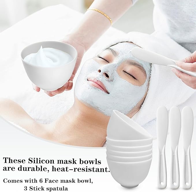 9Pcs Silicone Facial Mask Bowl DIY Face Mask Mixing Bowl for Home Salon Spa Face Skin Applicator Bowl with Stir Sticks, White