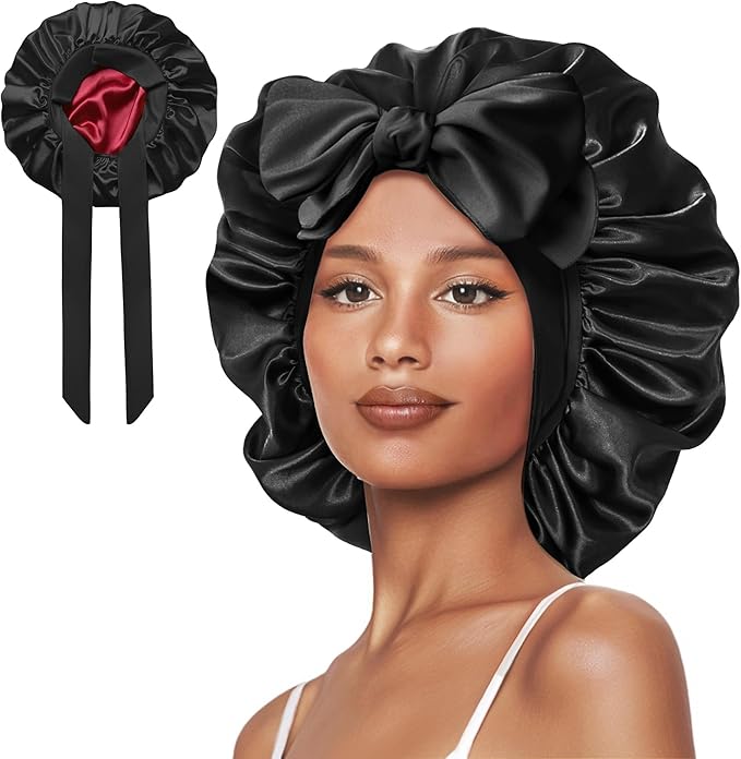 Double Layer Silk Bonnet with Tie Satin Lined Sleep Cap Hair Cover for Women's Curly Natural Hair