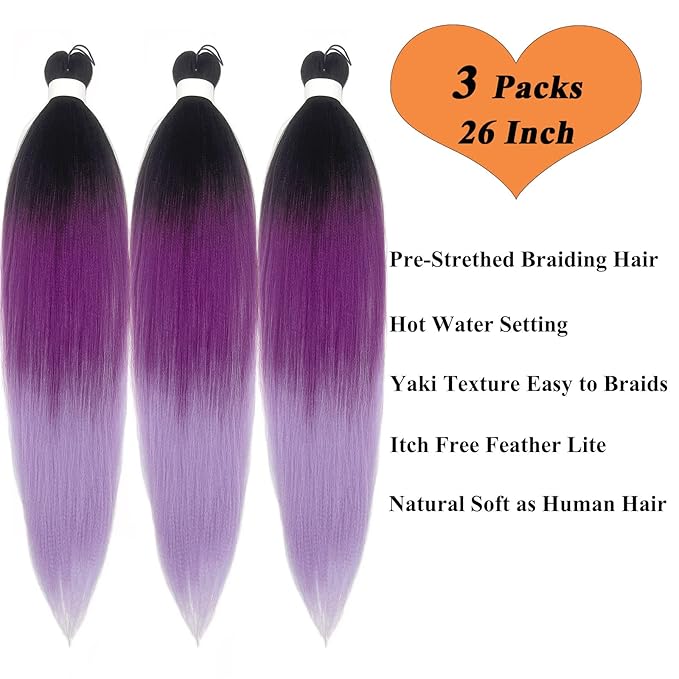 Purple Ombre Braiding Hair Pre Stretched Colored Hair Extensions for Braiding Micro Box Braids Prestretched Pre Stretched Braids Hair Ombre 26 inch 3 Packs