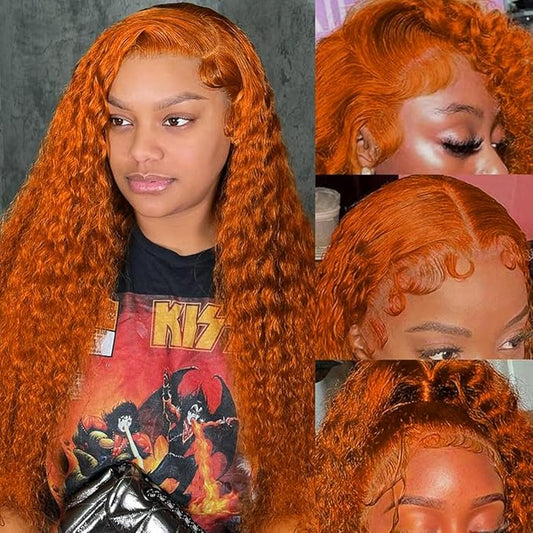 Ginger Wig Human Hair 13x6 Orange Ginger Deep Wave Lace Front Wigs Human Hair 350# Deep Curly HD Lace Front Wigs for Women 210% Density Deep Curly Wig Human Hair Pre Plucked 34Inch