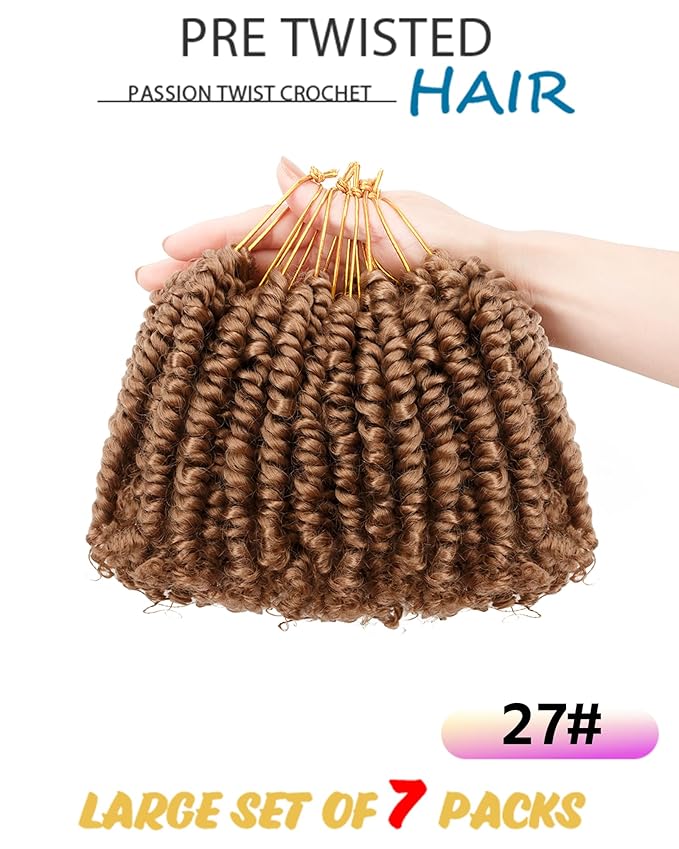 4 Inch 7 Packs Super Short Passion Twist Crochet Hair for Black Women and Kids-Pure Blonde Pre Looped Pretwisted Soft Hair Extensions,Braided by Synthetic Spring Kinky Twist Bohemian Curl(4"-7P,27#)