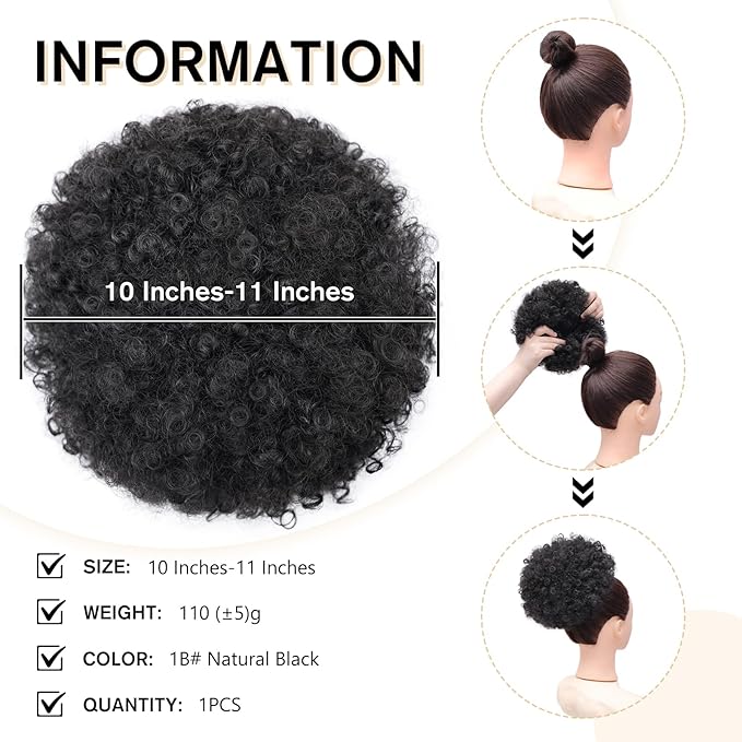 AISI QUEENS Afro Puff Clip On Synthetic Ponytail Extension for Black Women, Natural Black Short Kinky Bun for Natural Hair(1B#)