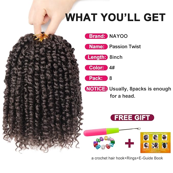 Passion Twist Hair For Kids - 8 Packs 8 Inch Passion Twist Crochet Hair For Black Women, Crochet Pretwisted Curly Hair Passion Twists Synthetic Braiding Hair Extensions(8 Inch 8 Packs, #4)