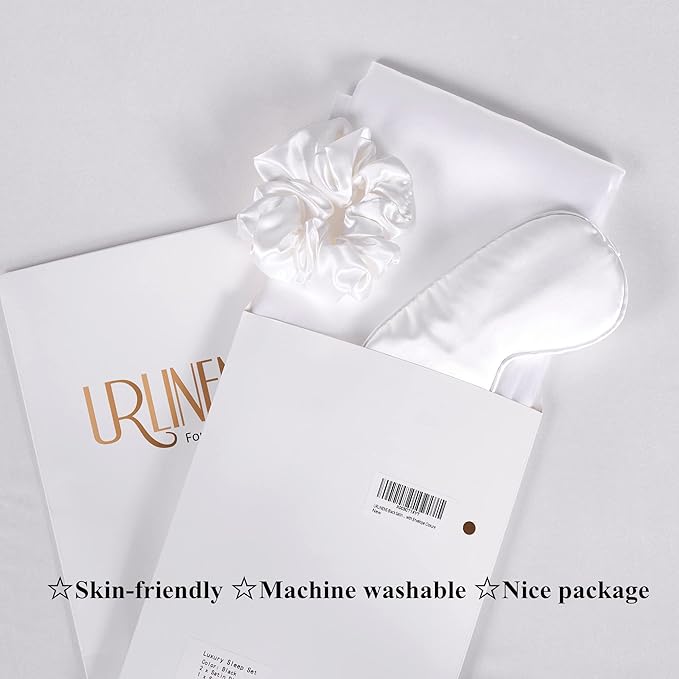 Satin Pillowcase for Hair and Skin, Vegan Silk Pillowcase Set-2 Ivory Satin Pillowcases Standard Size, 1 Eye Mask, 1 Scrunchie-Luxury Sleep Set, White Pillow Cases with Envelope Closure