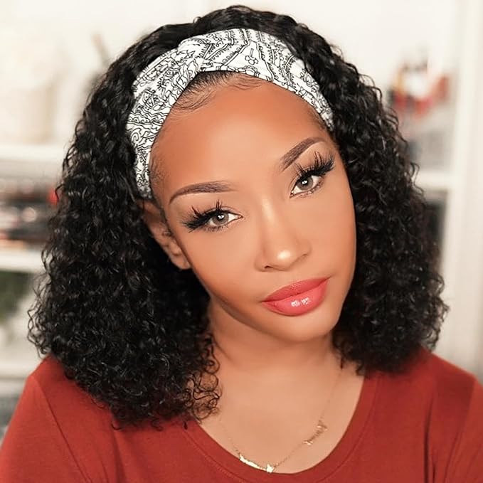 AISI QUEENS Human Hair Short Curly Wig - Glueless Headband Wig for Black Women (14 Inch)