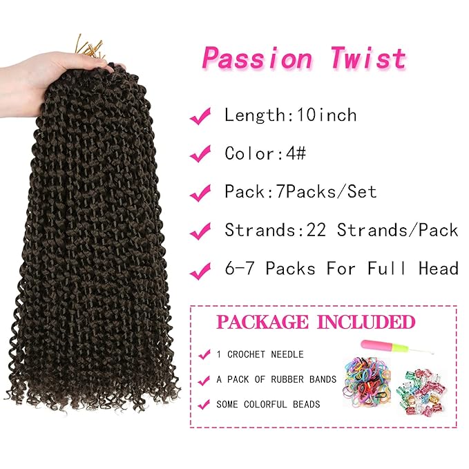 Ubeleco Short Passion Twist Hair,10 Inch Water Wave Crochet Hair For Women 22 Strands/Pack Passion Twist Crochet Hair Bohemian Synthetic Curly Braiding Hair Extensions (10 Inch (Pack of 7), #4)