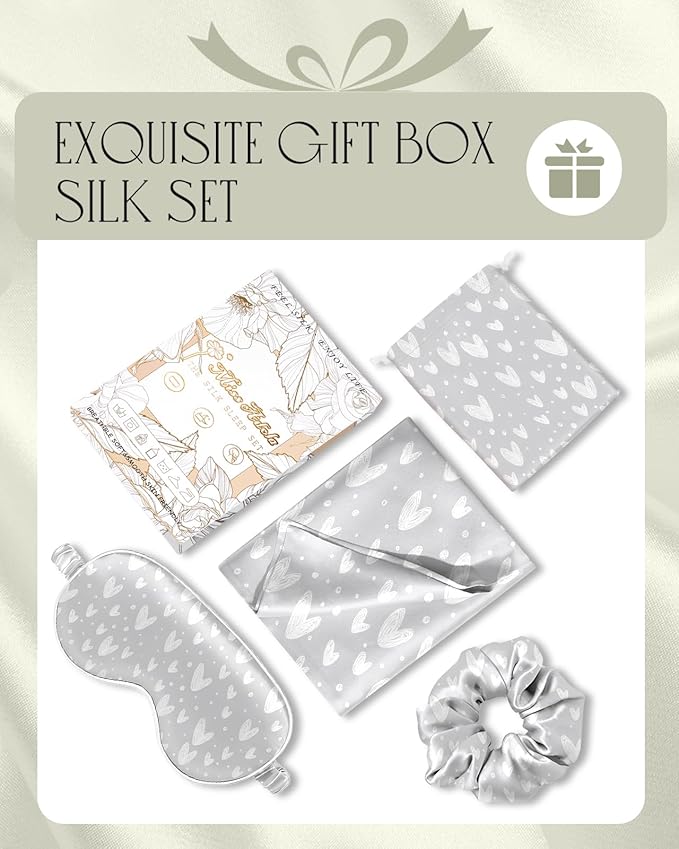 Mulberry Silk Pillow Case for Hair and Skin 19 Momme Queen 30"x20" Grey Silk Pillowcase with Eye Mask & Scrunchie Soft Silk Pillowcase Sleeping for Moms, Women