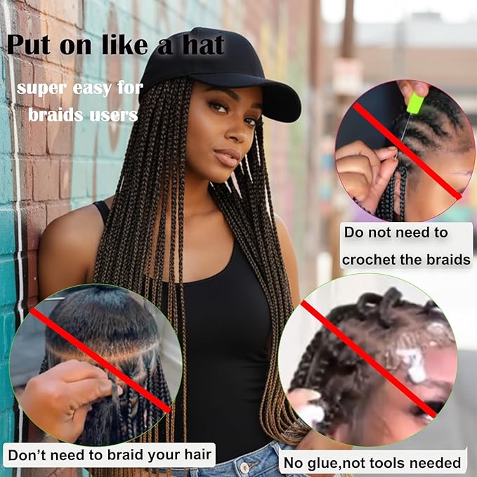 Hat Wig for Women Baseball Cap with Braided Hair Attached Synthetic Box Braid Wig Hat Adjustable Cap with ombre light brown Braids for Daily Outdoor Use(BL-T27)