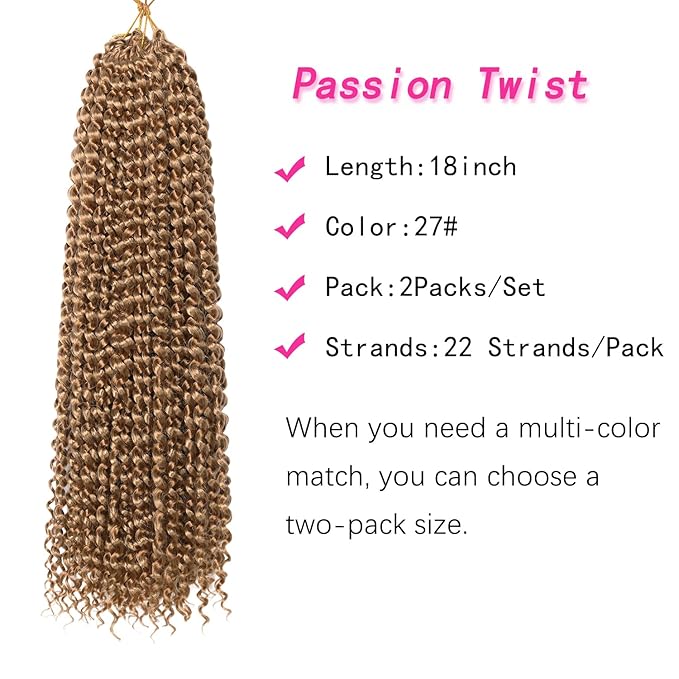 18 Inch Passion Twist Hair, Blonde Water Wave Crochet Hair for Women Passion Twist Crochet Hair Long Bohemian Synthetic Curly Passion Twists Braiding Hair Extensions (18 Inch (Pack of 2), #27)