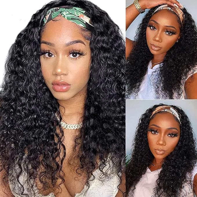 Human Hair Wig Deep Wave 16 Inch Headband Wig Curly Hair Wig Machine Made Wig Non Lace Front for Women Natural Color