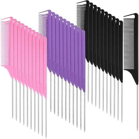 Patelai 30 Pieces Rat Tail Combs Bulk, Hair Teasing Fine Tooth Pintail Combs Braiding Hair Styling Tools with Steel Pin for Stylists Salon Teasing Sectioning Coloring Detangling(Black, Pink, Purple)