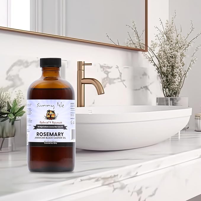 Sunny Isle Rosemary Jamaican Black Castor Oil 8oz | Hair Growth Formula | For Scalp & Gentle Acne-Prone Skin Care | Hot Oil Treatment