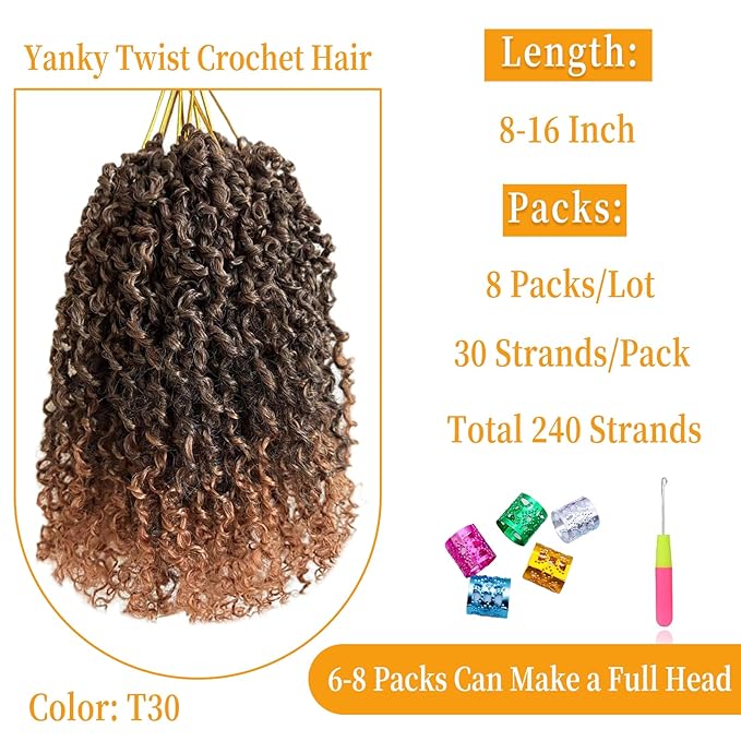 16 Inch Pre-Looped Yanky Twist Crochet Hair, 30 Strands/Pc, Mini Passion Twists, Senegalese Braiding Hair (T30, 8 Pcs/Pack)