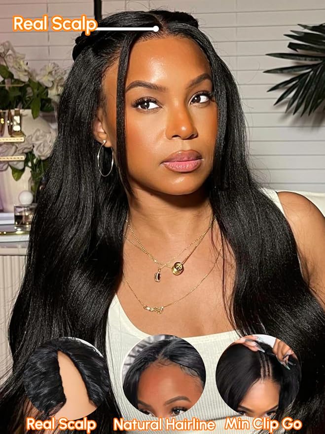 Julia Hair V Part Wig Human Hair Yaki Straight Glueless Wigs for Women 12A Briazilian Remy Hair Upgrade U Part Wig No Glue No Leave Out Beginner Friendly Natural Color 18 Inch Yaki Wig