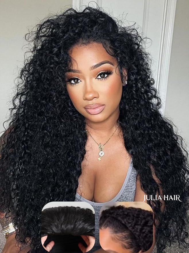 Julia Hair Glueless Half Drawstring Wig Human Hair Water Wave Blend Secure Wear and Go 12A Clip in Half Wig Wear with or Without Headband Wigs Human Hair for Women Beginner Friendly 24 Inch