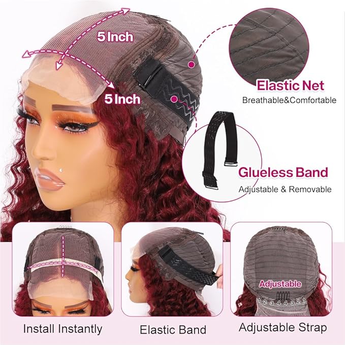 Curly Bob Wig Human Hair Deep Wave 200% Density 5x5 HD Lace Closure Wigs Human Hair Bob Wigs For Black Women Wear And Go Glueless Curly Wig Burgundy Color 12 Inch
