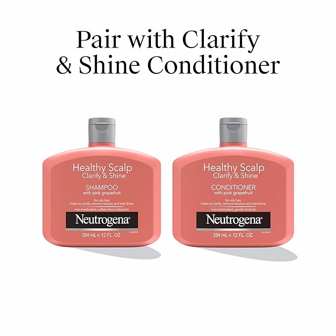 Neutrogena Exfoliating Healthy Scalp Clarifying Shampoo for Oily Hair & Scalp, Pink Grapefruit pH-Balanced Anti-Residue Formula Adds Shine, Sulfate, Paraben & Phthalate-Free, Color-Safe, 12 Fl Oz