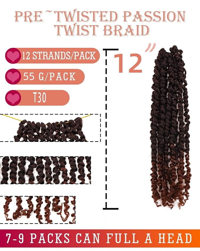 12 Inches 8 Packs Passion Twist Crochet Hair-Pre-twisted Passion Twists,Pre-Looped Crochet Braids Made Of Bohemian Hair Synthetic Braiding Hair Extensions (12 Inch(Pack of 8), T30)