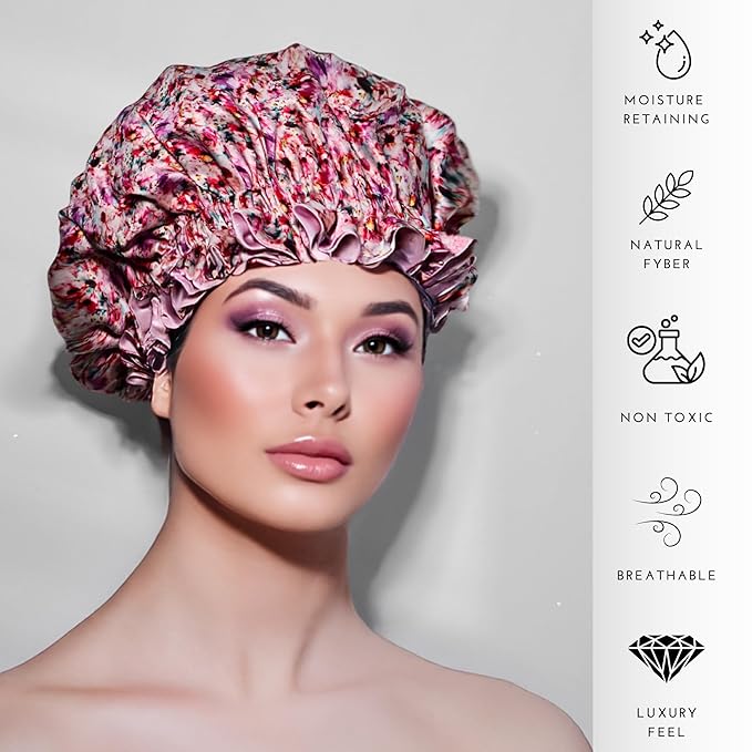 100% Mulberry Silk Bonnet for Women – Handmade in USA, 19 Momme Double-Layer Reversible Hair Wrap, Non-Slip Sleep Cap for Curly & Natural Hair, Luxury Hair Protection (Magical Floral Print)
