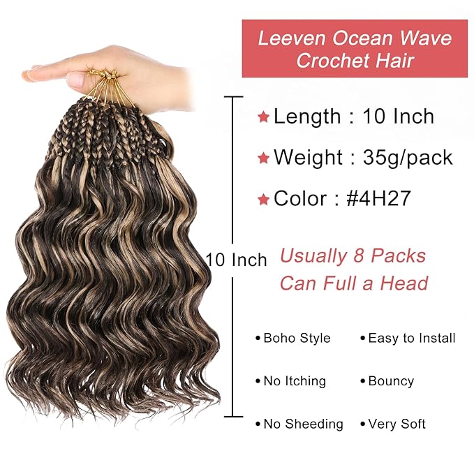 Leeven 10 Inch 8 Packs Short Curly Crochet Hair Pre Looped Boho Ocean Wave Crochet Hair Chocolate Brown Mix Honey Blonde Ocean Braids Pre Twisted Synthetic Deep Wavy Crochet Hair for Women