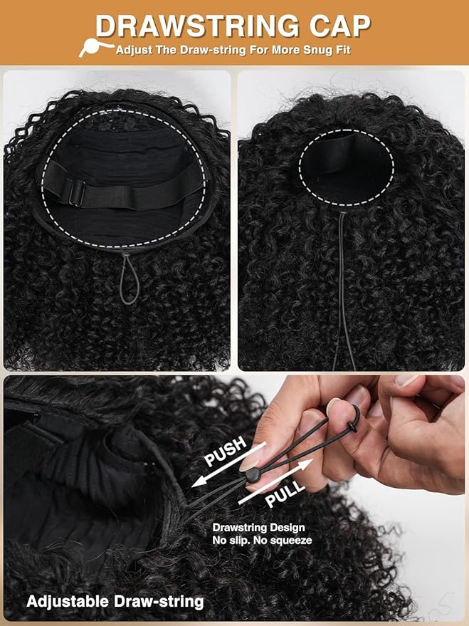 Kinky Curly Half Wig Human Hair 200% Density Wear Go Glueless Wigs Human Hair 3 In 1 Drawstring Seamless Flip Over Wig for Women Daily Wear Headband Wig Beginner Friendly Black (14inch)