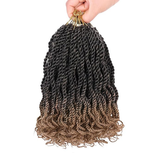 Leeven Ombre Honey Blonde 10 Inch Senegalese Twist Crochet Hair with Wavy Curly Ends 8 Packs Short Pre Looped Hanava Twist Synthetic Crochet Braids for Women Girl Kids