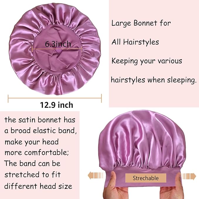 3 Pack Satin Bonnet Silk Hair Bonnet for Sleeping, Sleep Bonnets for Women Large Wide Soft Band Sleep Cap for Curly Hair Braids