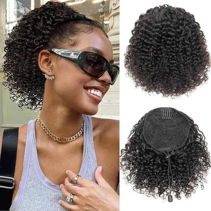 Ponytail Extension Human Hair Curly Ponytail Extension for Black Women Short Afro Puffs Hair Buns Drawstring Ponytail Human Hair (10 Inch #1B Natural Black)