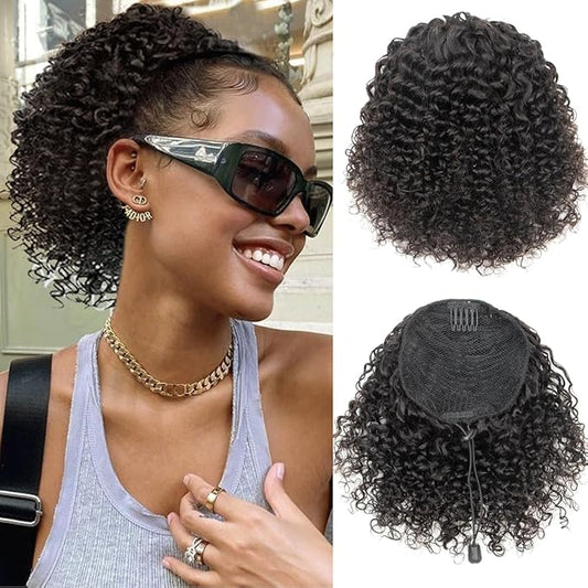 Ponytail Extension Human Hair Curly Ponytail Extension for Black Women Short Afro Puffs Hair Buns Drawstring Ponytail Human Hair (10 Inch #1B Natural Black)