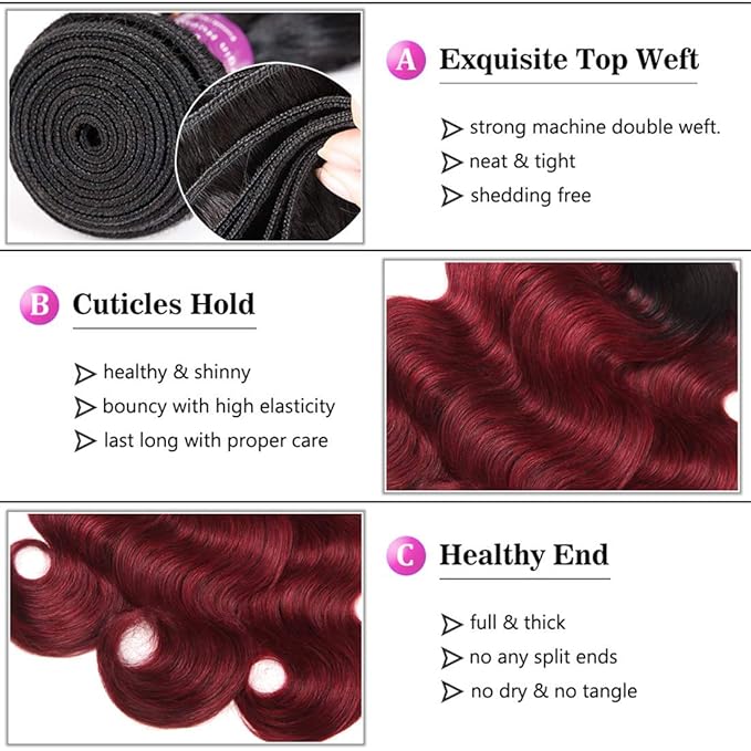 Ombre Human Hair Bundles 1b/99j Brazilian Two Tone Black and Burgund Ombre Body Wave 3 Bundles 10 12 14 inch 100% Unprocessed Virgin Human Hair Bundles Weaves Extensions for Women