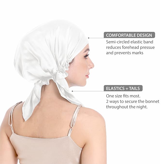 SissiLita Silk Sleeping Bonnet for Women, Large Silk Hair Cap with Tie Band, White