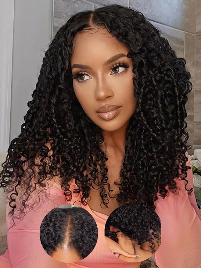 Julia Hair V Part Wig Human Hair Curly Wig with Finger Coil Ends Glueless V Shape Wig Afro Curly Wigs with Drawstring Upgrade U Part No Leave Out Half Wig For Women Natural Scalp 18 Inch