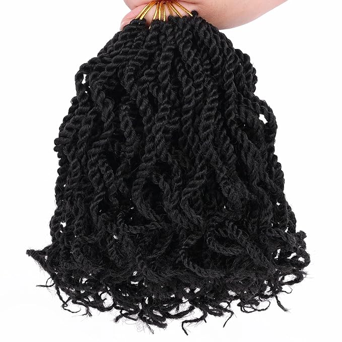 Leeven 6 Inch Senegalese Twist Crochet Hair with Curly Ends, 8 Packs Black Pre Looped 2 Strand Short Twist Hair, Wavy Small Hanava Twist, Synthetic Crochet Braids for Women Girl Kids