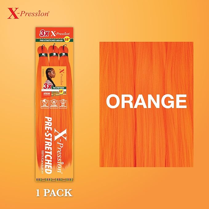 Sensationnel X-pression prestretched braiding hair - 3x braid 58 inch all kanekalon flame retardant synthetic braid for box braids and twists (1 pack, ORANGE)