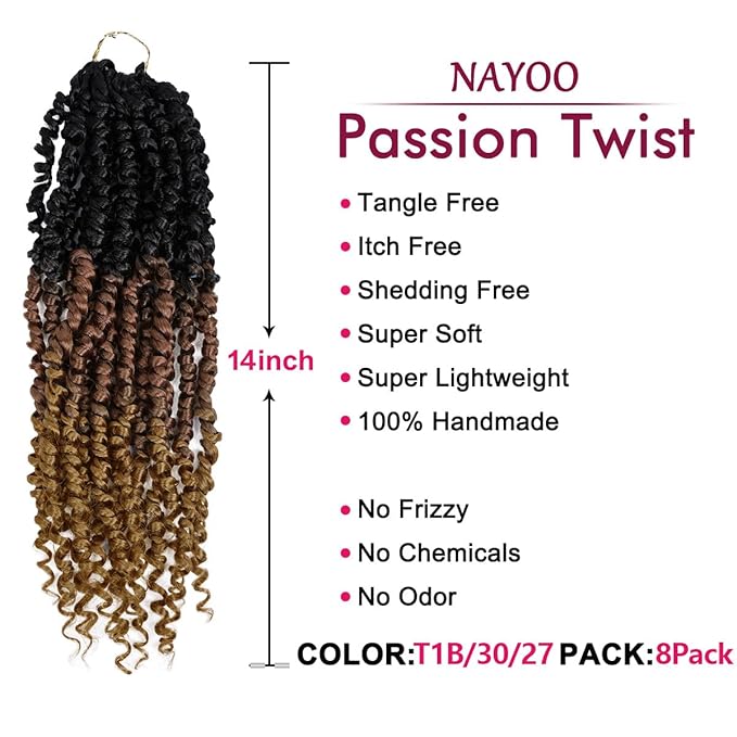 NAYOO Passion Twist Hair - 8 Packs 14 Inch Passion Twist Crochet Hair For Women, Crochet Pretwisted Curly Hair Passion Twists Synthetic Braiding Hair Extensions(14 Inch 8 Packs, T1B/30/27)