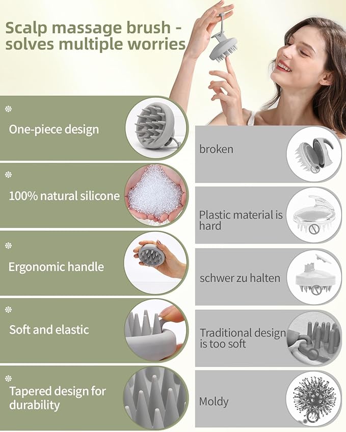 Scalp Massager Tool Shampoo Brush, Scalp Scrubber with Soft Silicone Bristles, Scalp Massager Hair Grouth, Dandruff Removal, Wet Dry Hair Scrubber Brush for All(Gray)