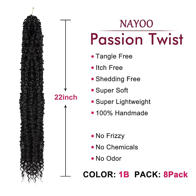 Passion Twist Hair - 8 Packs 22 Inch Passion Twist Crochet Hair For Women, Crochet Pretwisted Curly Hair Passion Twists Synthetic Braiding Hair Extensions (22 Inch 8 Packs, 1B)