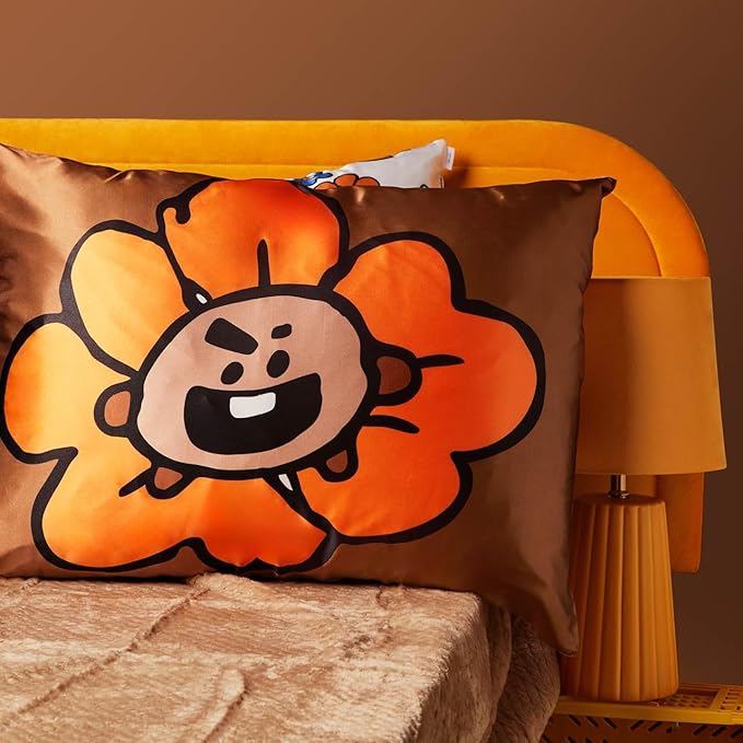 Kitsch x BT21 Satin Pillowcase with Zipper – Better Than Silk Pillowcase, Shooky Character & Funky Floral Print – Soft Cooling Toddler Bed Time Pillow Case for Hair & Skin – King Size 19x36