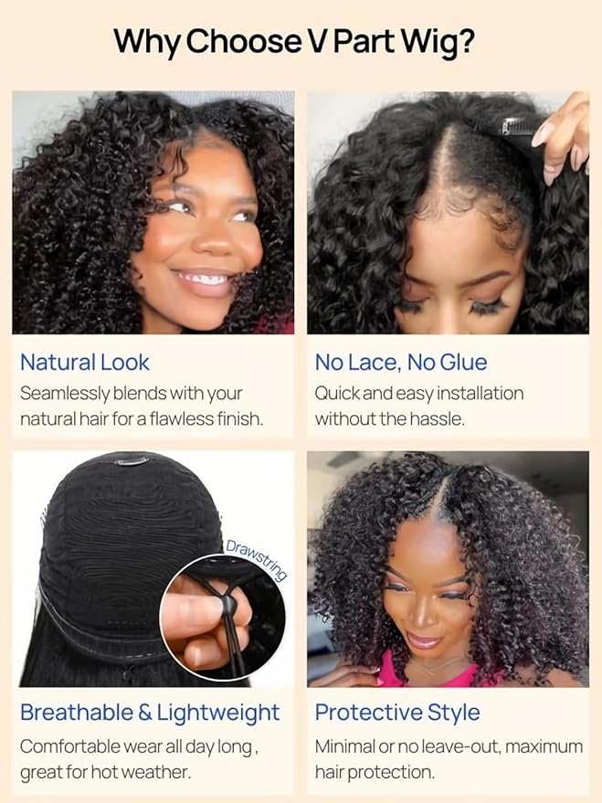 Julia Hair V Part Wig Human Hair Curly Wig with Finger Coil Ends Glueless V Shape Wig Afro Curly Wigs with Drawstring Upgrade U Part No Leave Out Half Wig For Women Natural Scalp 18 Inch
